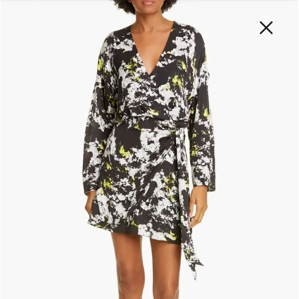 Alice + Olivia Ophelia Faux Wrap Long Sleeve Minidress Viscose Black White US 6